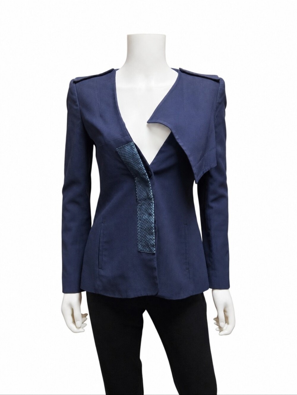 ALTUZZARA | Navy Sculptural Blazer Genuine Whipsnake Trim — Made in Italy Size 6